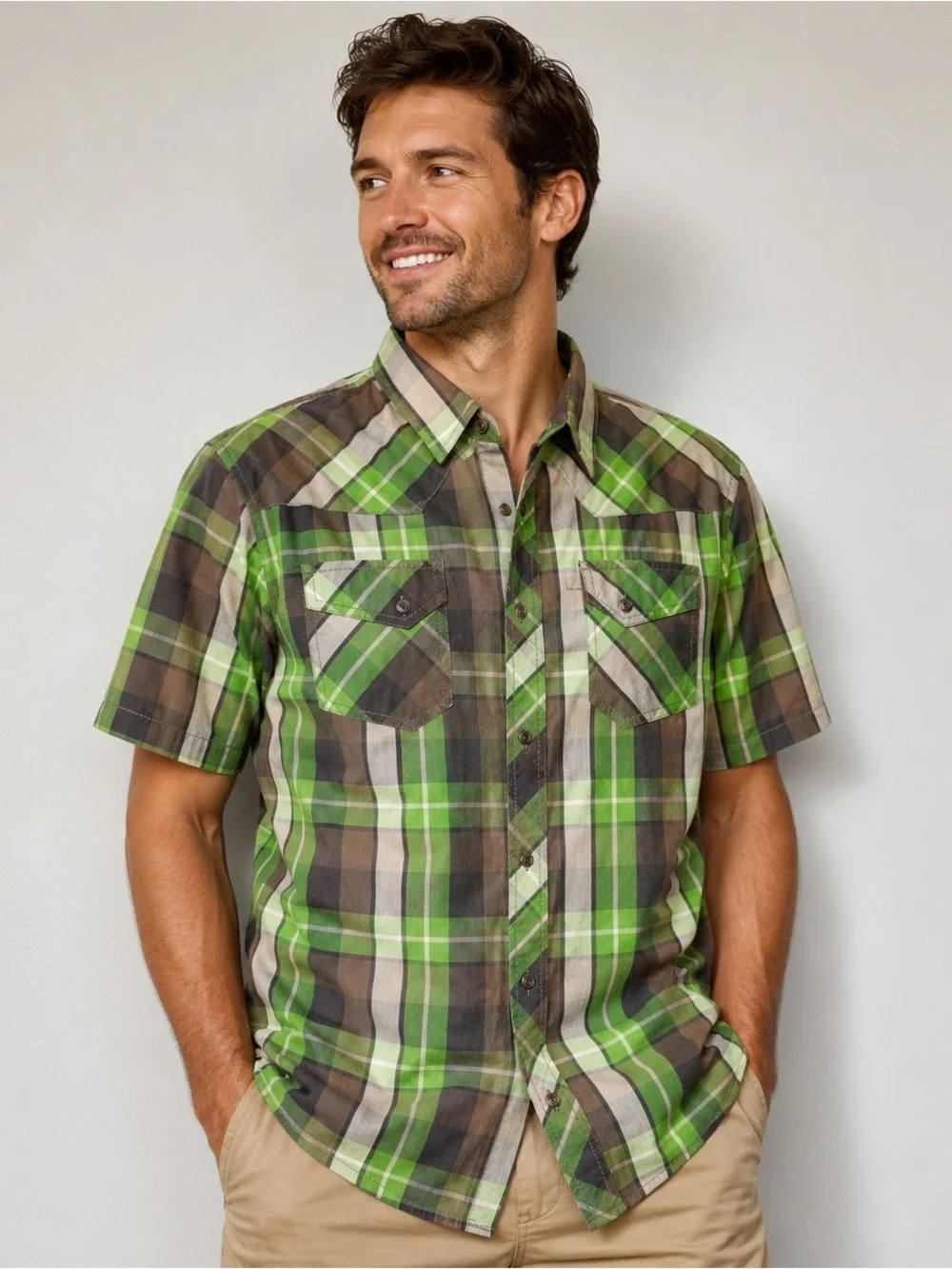 The North Face Men's M Short-Sleeve Green & Brown Plaid Button-Down Shirt Cotton